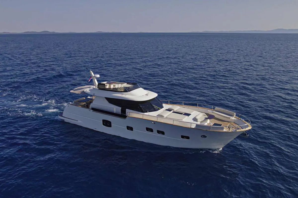 Exterior view of Panta Rei, a Monachus M70 motor yacht at Split, Croatia