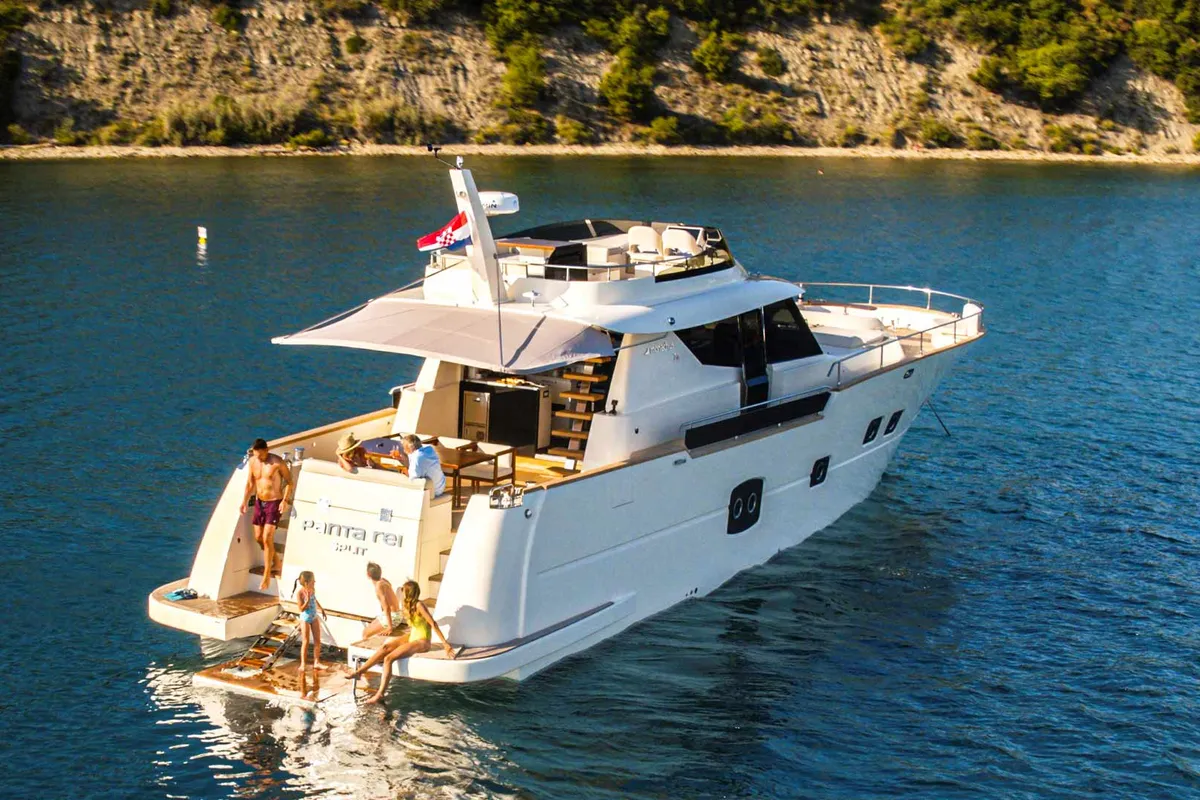 Exterior view of Panta Rei, a Monachus M70 motor yacht at Split, Croatia