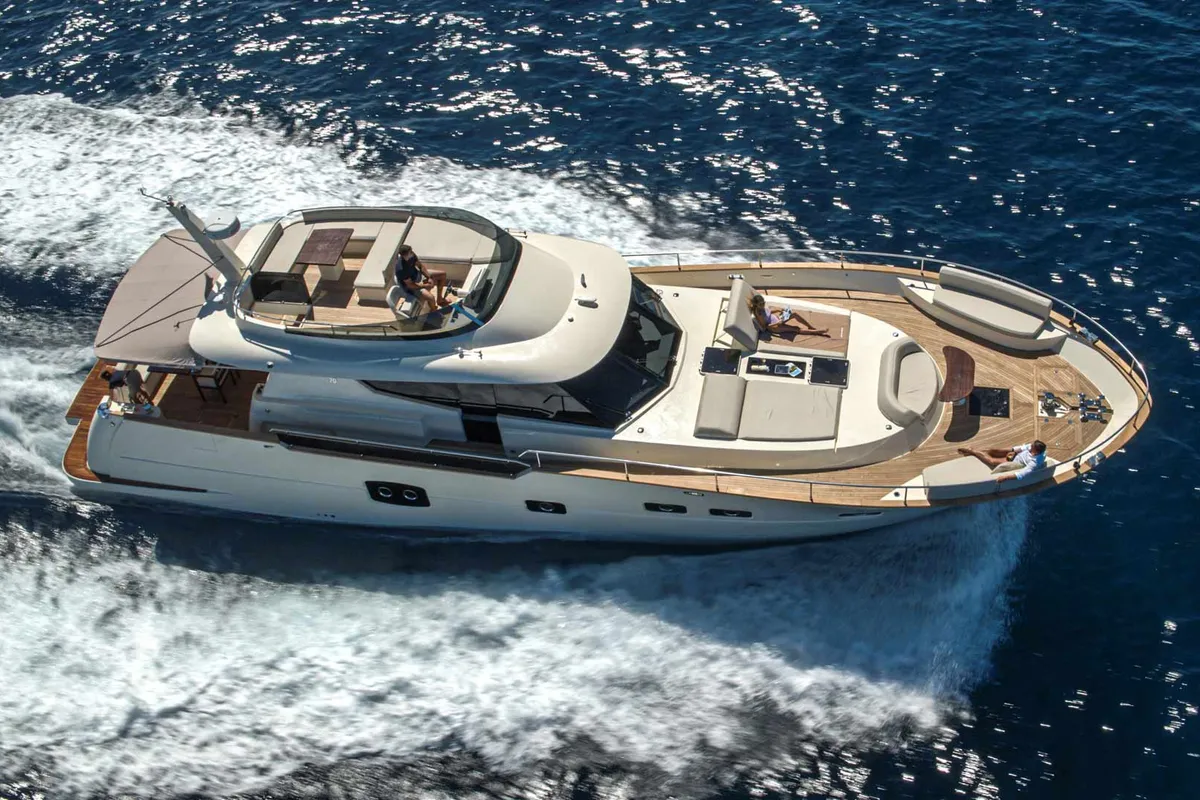 Exterior view of Panta Rei, a Monachus M70 motor yacht at Split, Croatia