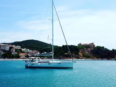 Exterior view of Theagenis, a Beneteau Oceanis 45 sailboat at Thassos, Greece