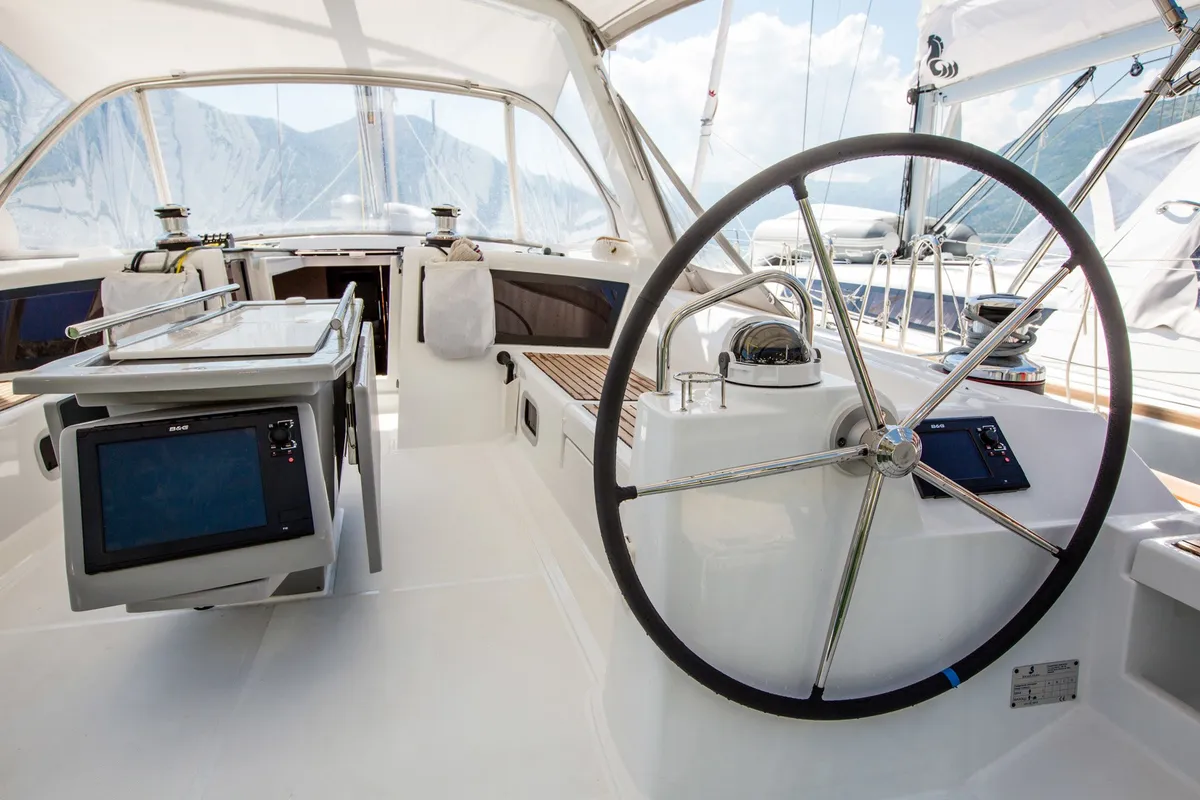 Cockpit of Blues, a Beneteau Oceanis 48 sailboat at Tivat, Montenegro