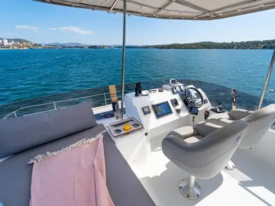 Cockpit of Mon Ami, a Fountaine Pajot MY 37 catamaran at Grad Šibenik, Croatia