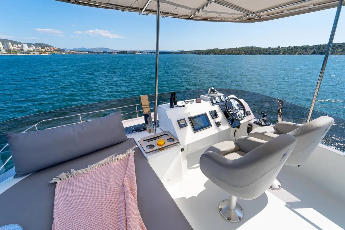 Cockpit of Mon Ami, a Fountaine Pajot MY 37 catamaran at Grad Šibenik, Croatia