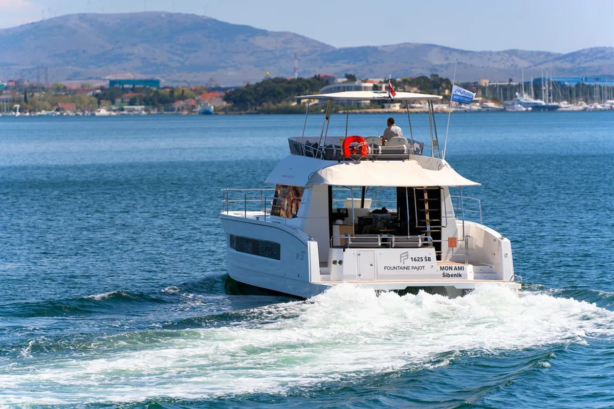 Exterior view of Mon Ami, a Fountaine Pajot MY 37 catamaran at Grad Šibenik, Croatia