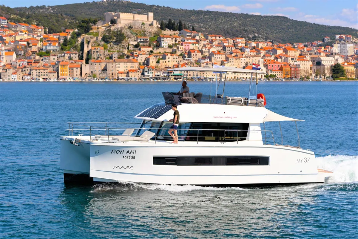 Exterior view of Mon Ami, a Fountaine Pajot MY 37 catamaran at Grad Šibenik, Croatia