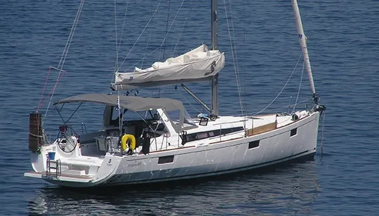 Exterior view of Pherousa, a Beneteau Oceanis 48 sailboat at Lavreotiki Municipal Unit, Greece