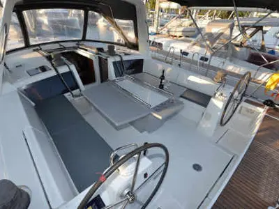 Cockpit of Pherousa, a Beneteau Oceanis 48 sailboat at Lavreotiki Municipal Unit, Greece