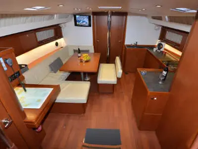 Salon of Pherousa, a Beneteau Oceanis 48 sailboat at Lavreotiki Municipal Unit, Greece
