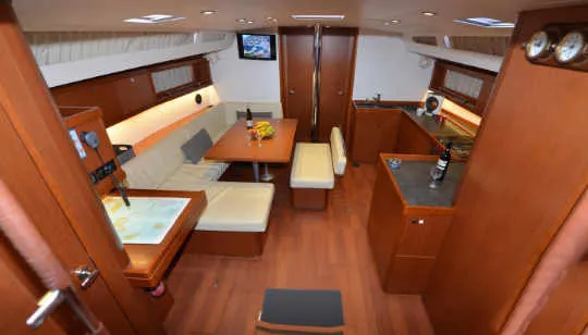 Salon of Pherousa, a Beneteau Oceanis 48 sailboat at Lavreotiki Municipal Unit, Greece