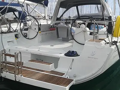 Deck of Pherousa, a Beneteau Oceanis 48 sailboat at Lavreotiki Municipal Unit, Greece