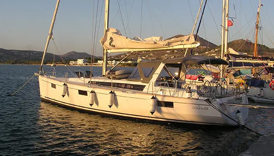 Exterior view of Pherousa, a Beneteau Oceanis 48 sailboat at Lavreotiki Municipal Unit, Greece