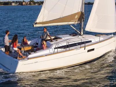 Exterior view of Mara, a Jeanneau Sun Odyssey 349 sailboat at Road Town, British Virgin Islands