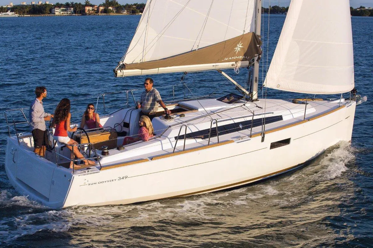 Exterior view of Mara, a Jeanneau Sun Odyssey 349 sailboat at Road Town, British Virgin Islands