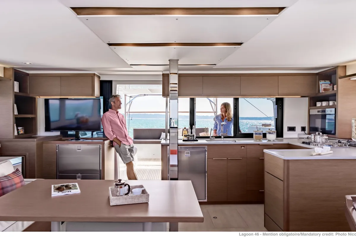 Galley of ELIBLU, a Lagoon 46 catamaran at Capo d'Orlando, Italy