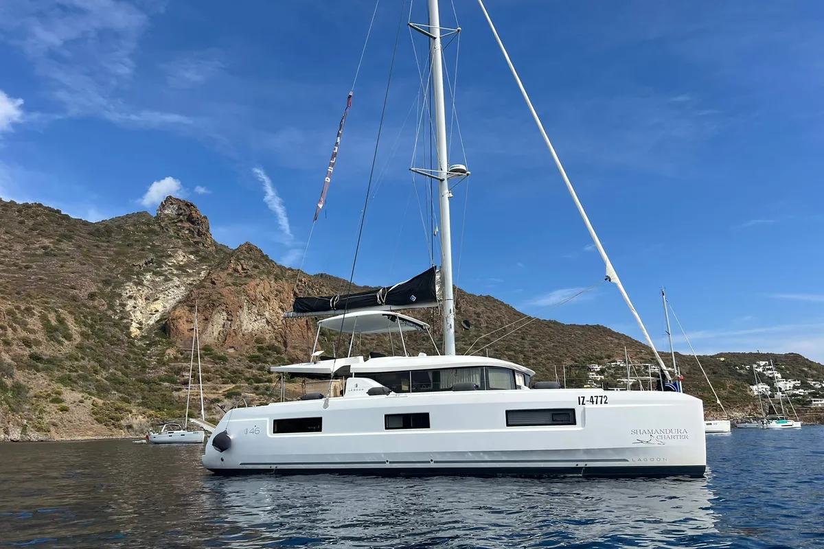 Exterior view of ELIBLU, a Lagoon 46 catamaran at Capo d'Orlando, Italy
