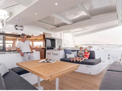 Deck of ELIBLU, a Lagoon 46 catamaran at Capo d'Orlando, Italy