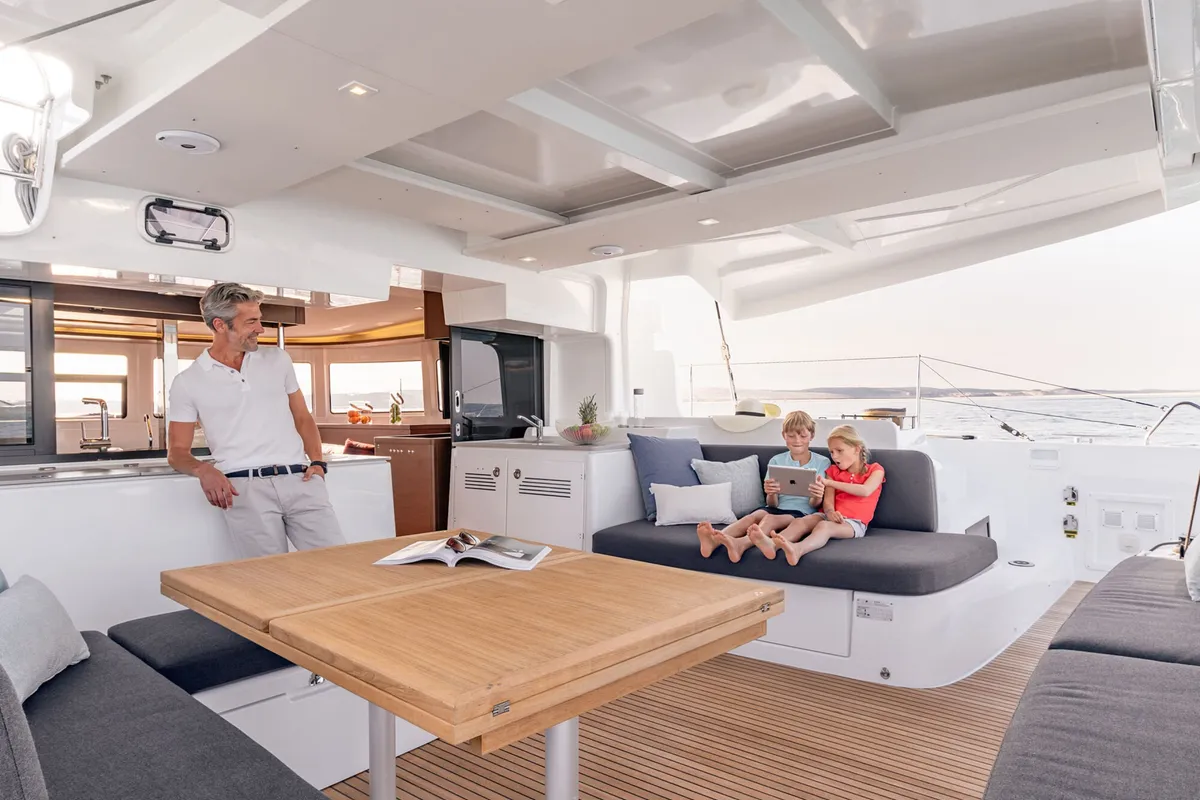 Deck of ELIBLU, a Lagoon 46 catamaran at Capo d'Orlando, Italy