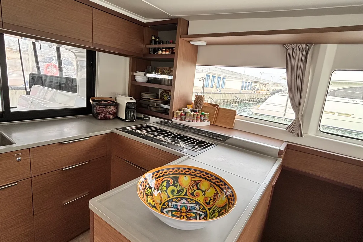 Galley of ELIBLU, a Lagoon 46 catamaran at Capo d'Orlando, Italy