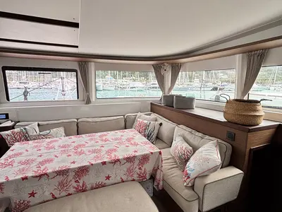 Salon of ELIBLU, a Lagoon 46 catamaran at Capo d'Orlando, Italy