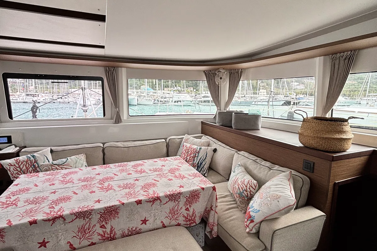 Salon of ELIBLU, a Lagoon 46 catamaran at Capo d'Orlando, Italy