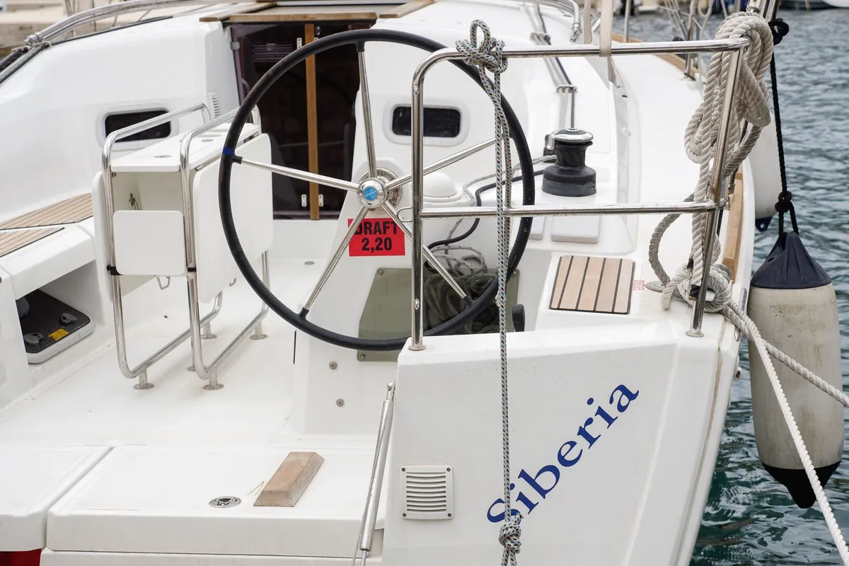 Cockpit of Siberia, a Jeanneau Sun Odyssey 349 sailboat at Rogač, Croatia
