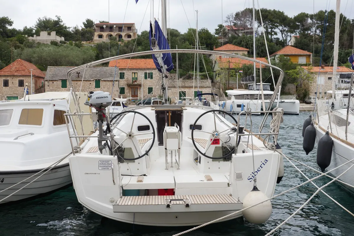 Exterior view of Siberia, a Jeanneau Sun Odyssey 349 sailboat at Rogač, Croatia