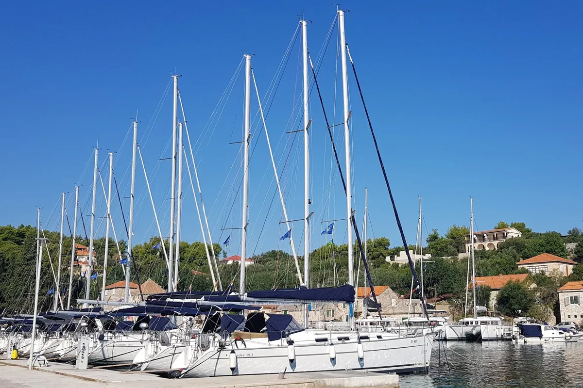 Exterior view of Siberia, a Jeanneau Sun Odyssey 349 sailboat at Rogač, Croatia