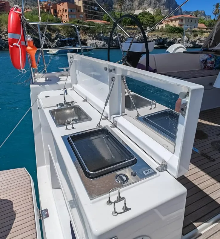 Deck of Alice in Wonderland, a Dufour 430 sailboat at Palermo, Italy