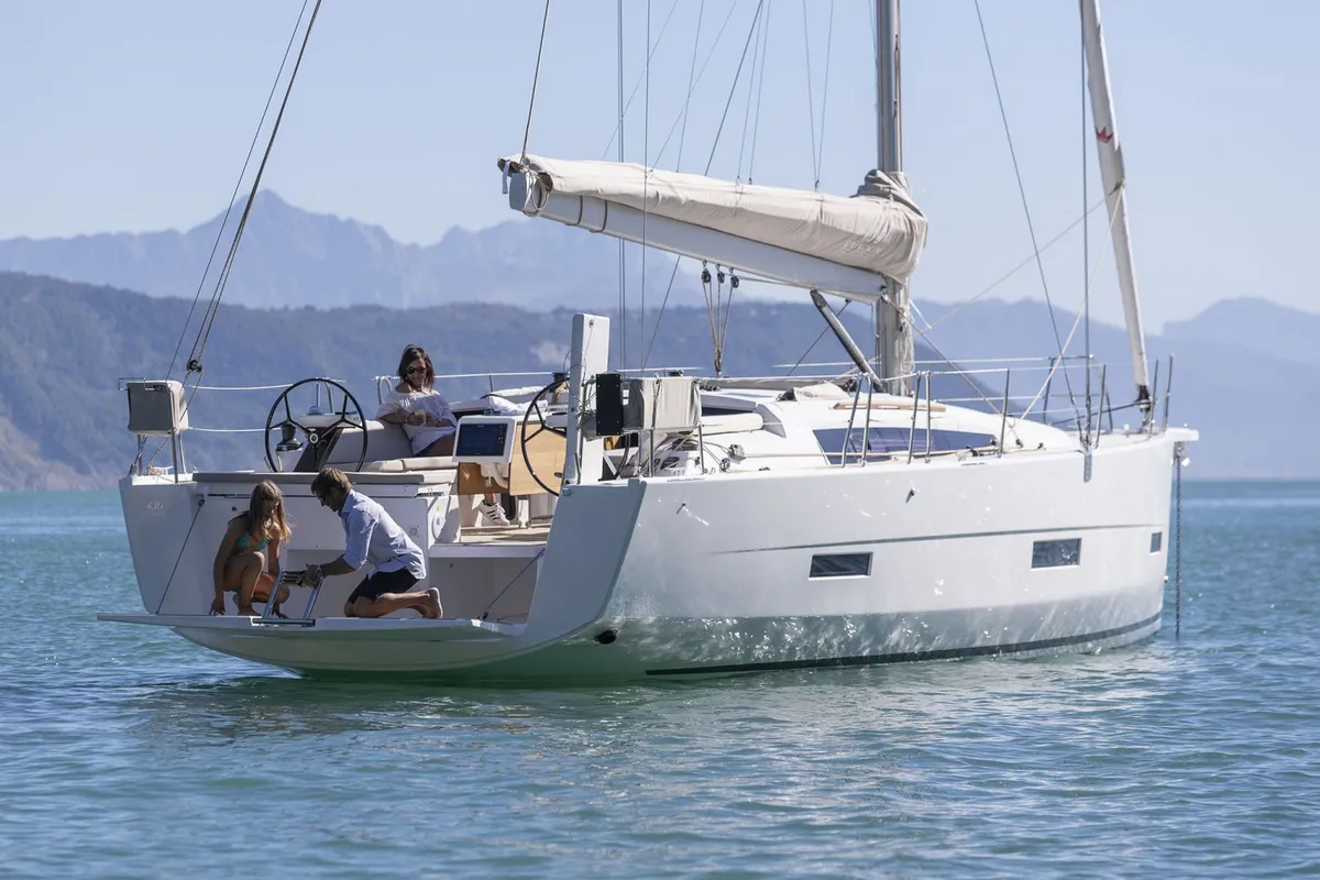 Exterior view of Alice in Wonderland, a Dufour 430 sailboat at Palermo, Italy