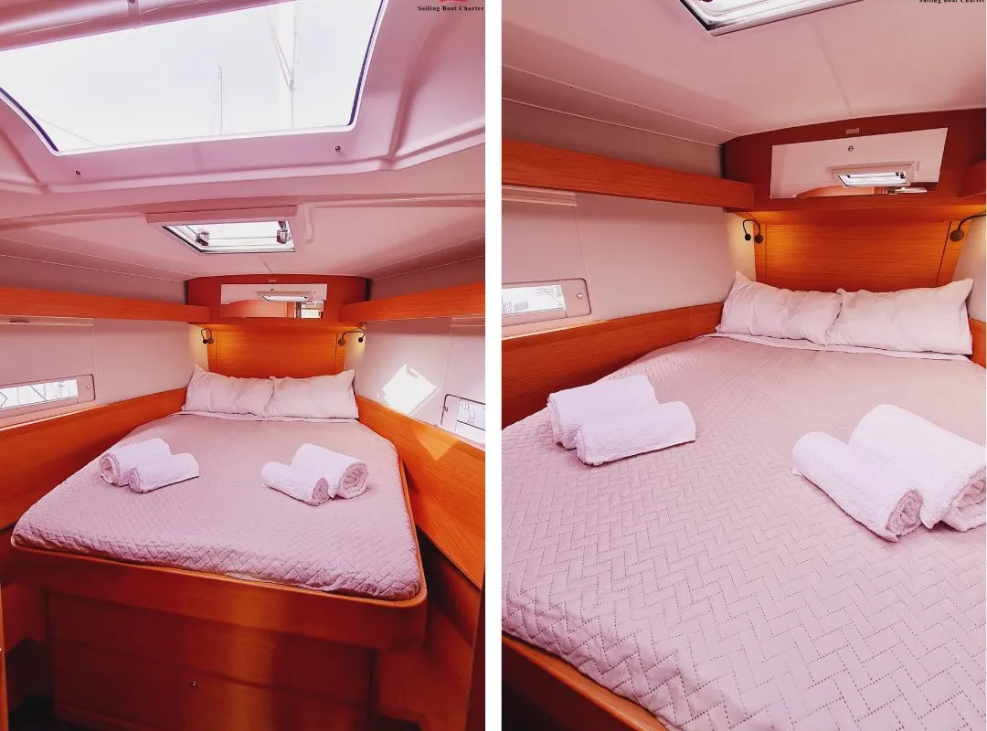 Cabin on Alice in Wonderland, a Dufour 430 sailboat at Palermo, Italy