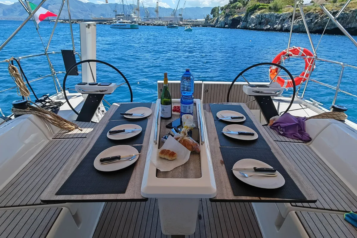Deck of Alice in Wonderland, a Dufour 430 sailboat at Palermo, Italy