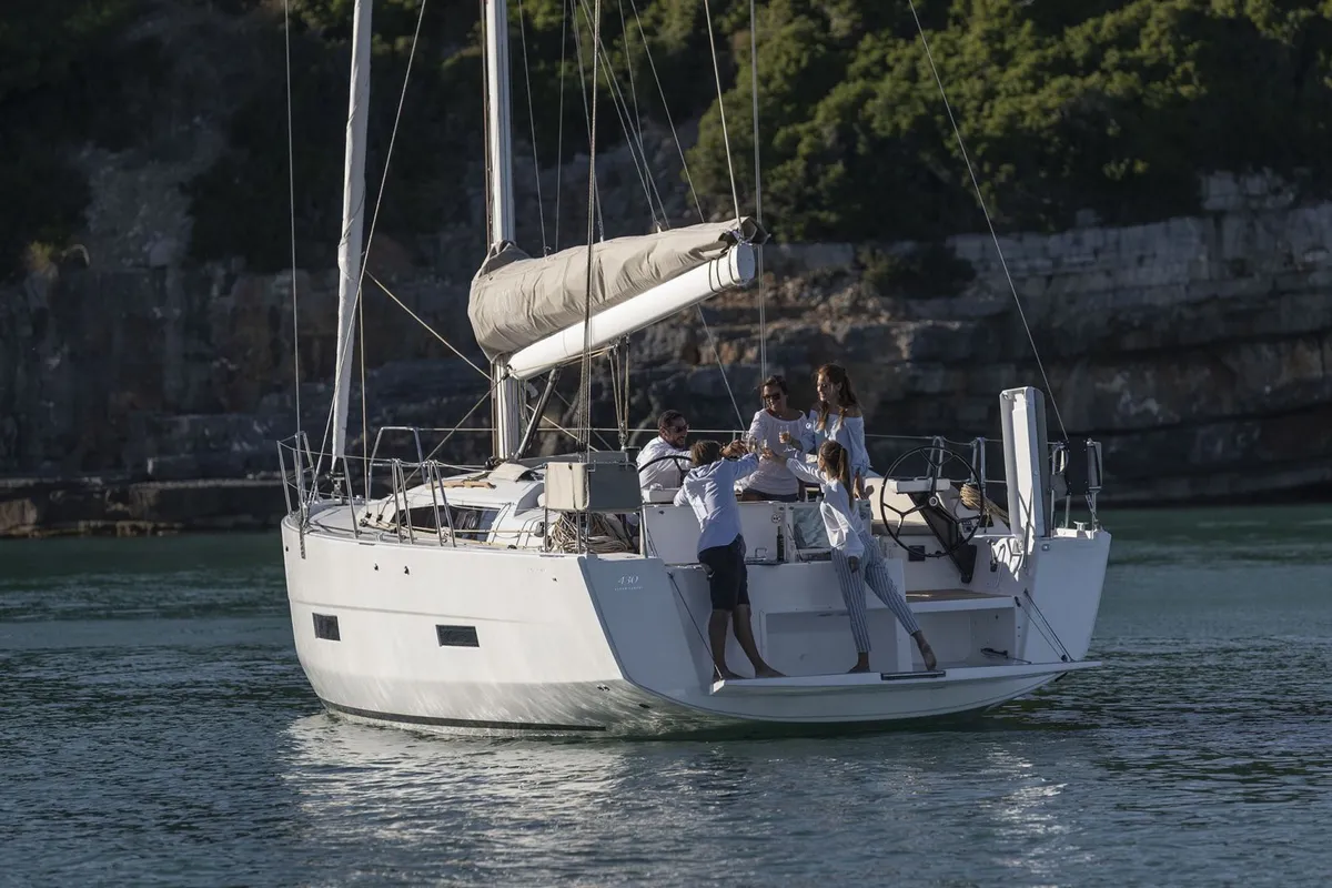 Exterior view of Alice in Wonderland, a Dufour 430 sailboat at Palermo, Italy