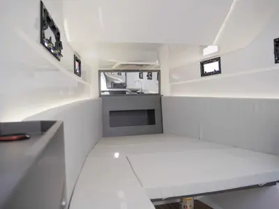 Cabin on Armare, a Pirelli 42 motorboat at Castellammare di Stabia, Italy