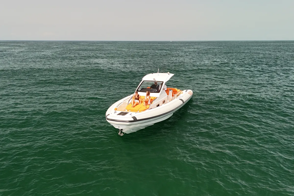 Exterior view of Armare, a Pirelli 42 motorboat at Castellammare di Stabia, Italy