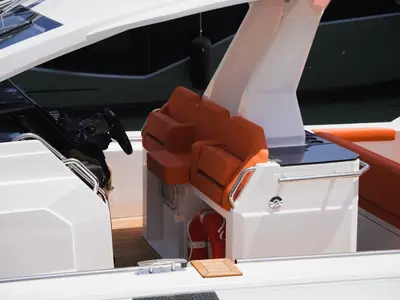 Cockpit of Armare, a Pirelli 42 motorboat at Castellammare di Stabia, Italy