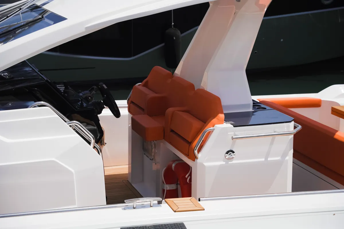 Cockpit of Armare, a Pirelli 42 motorboat at Castellammare di Stabia, Italy