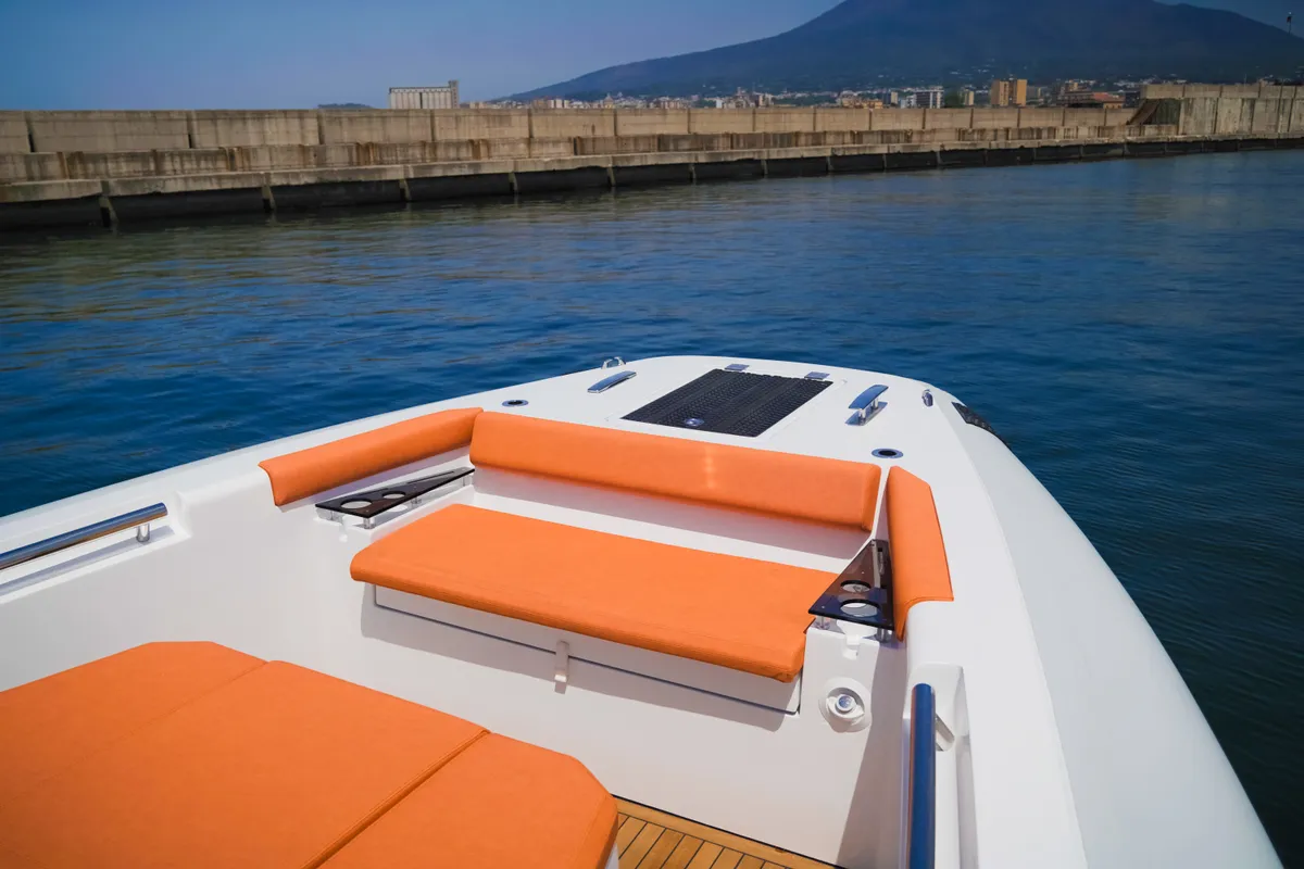 Deck of Armare, a Pirelli 42 motorboat at Castellammare di Stabia, Italy
