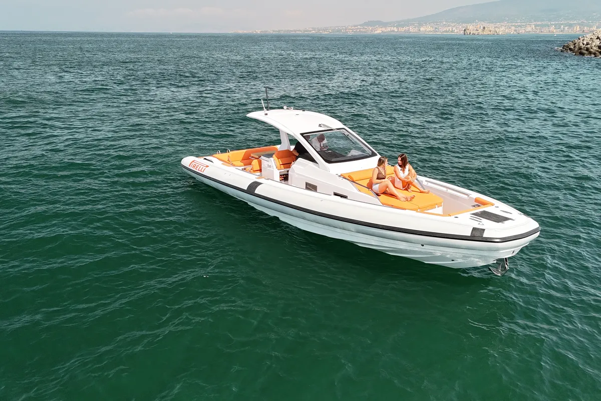 Exterior view of Armare, a Pirelli 42 motorboat at Castellammare di Stabia, Italy