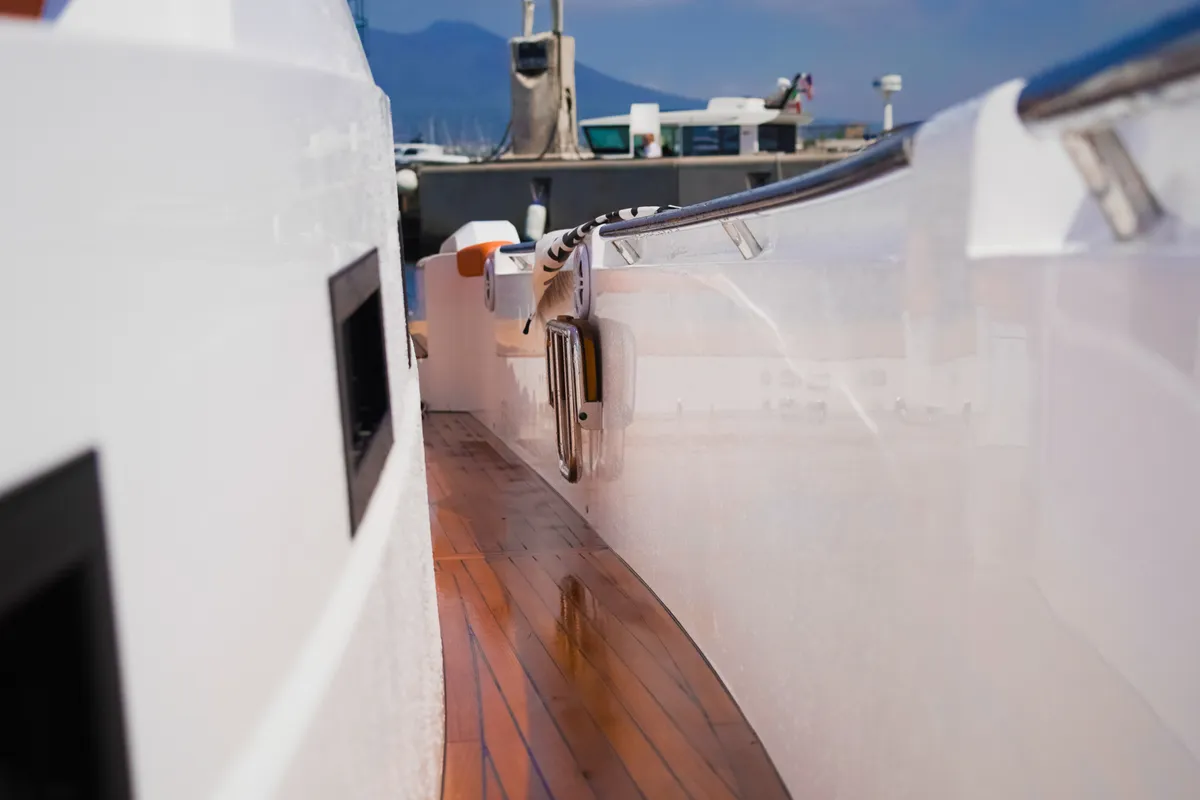 Deck of Armare, a Pirelli 42 motorboat at Castellammare di Stabia, Italy