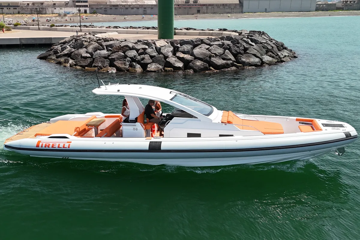 Exterior view of Armare, a Pirelli 42 motorboat at Castellammare di Stabia, Italy