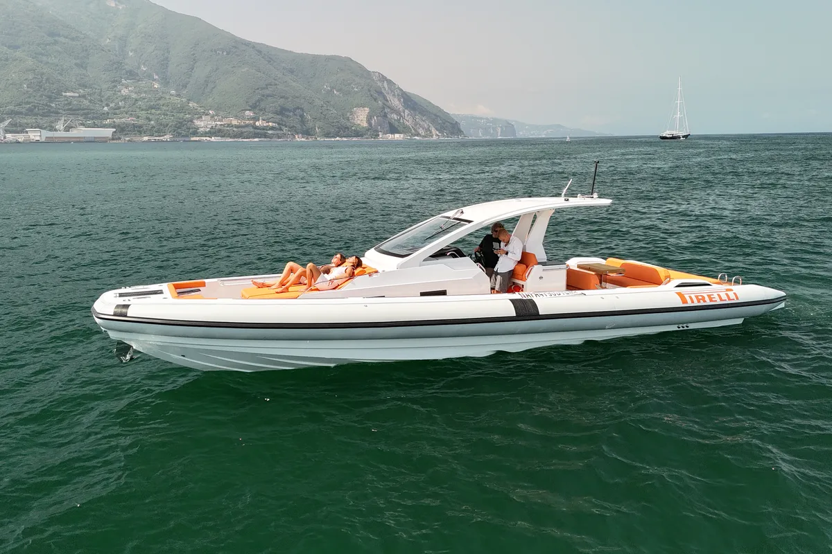 Exterior view of Armare, a Pirelli 42 motorboat at Castellammare di Stabia, Italy