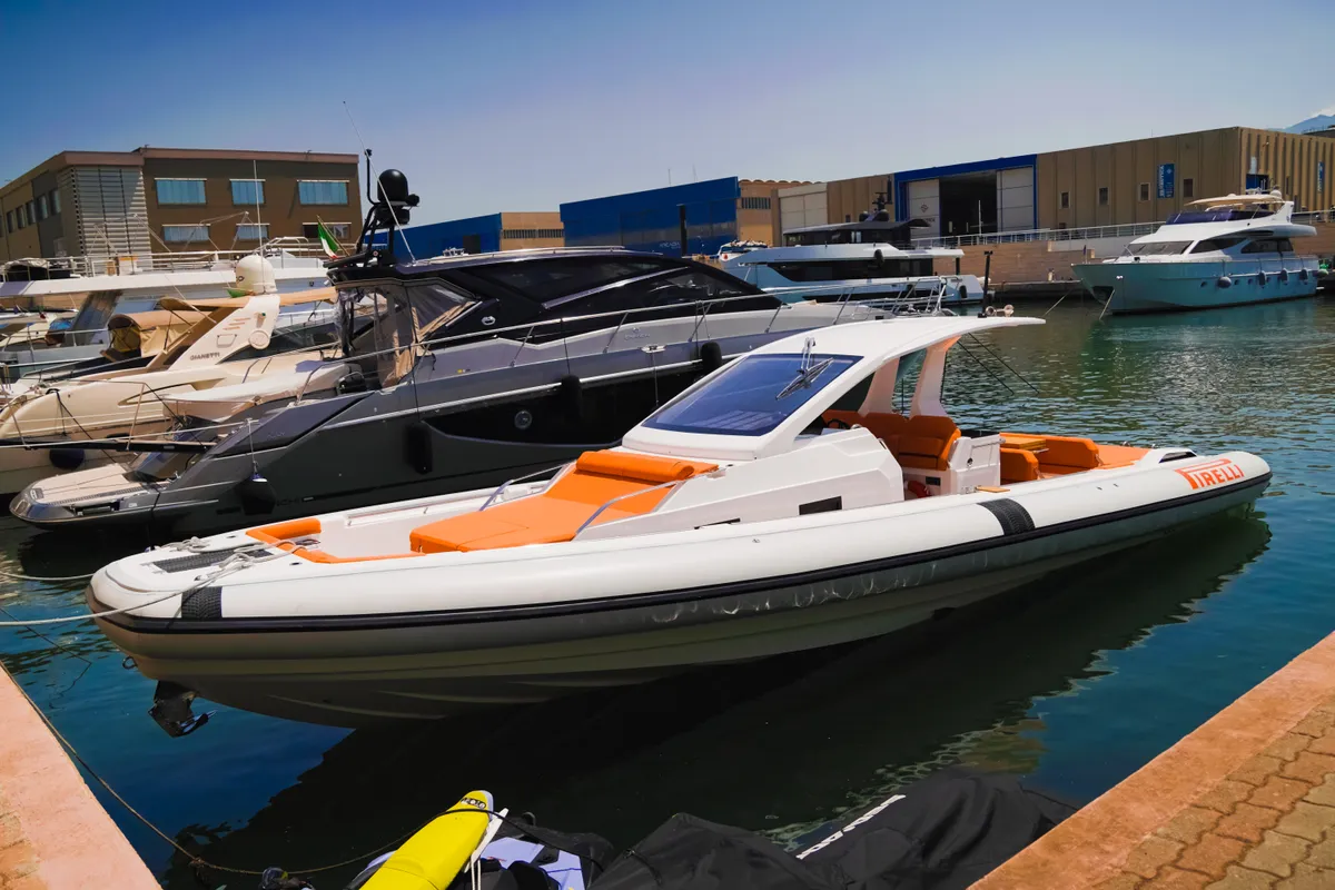 Exterior view of Armare, a Pirelli 42 motorboat at Castellammare di Stabia, Italy