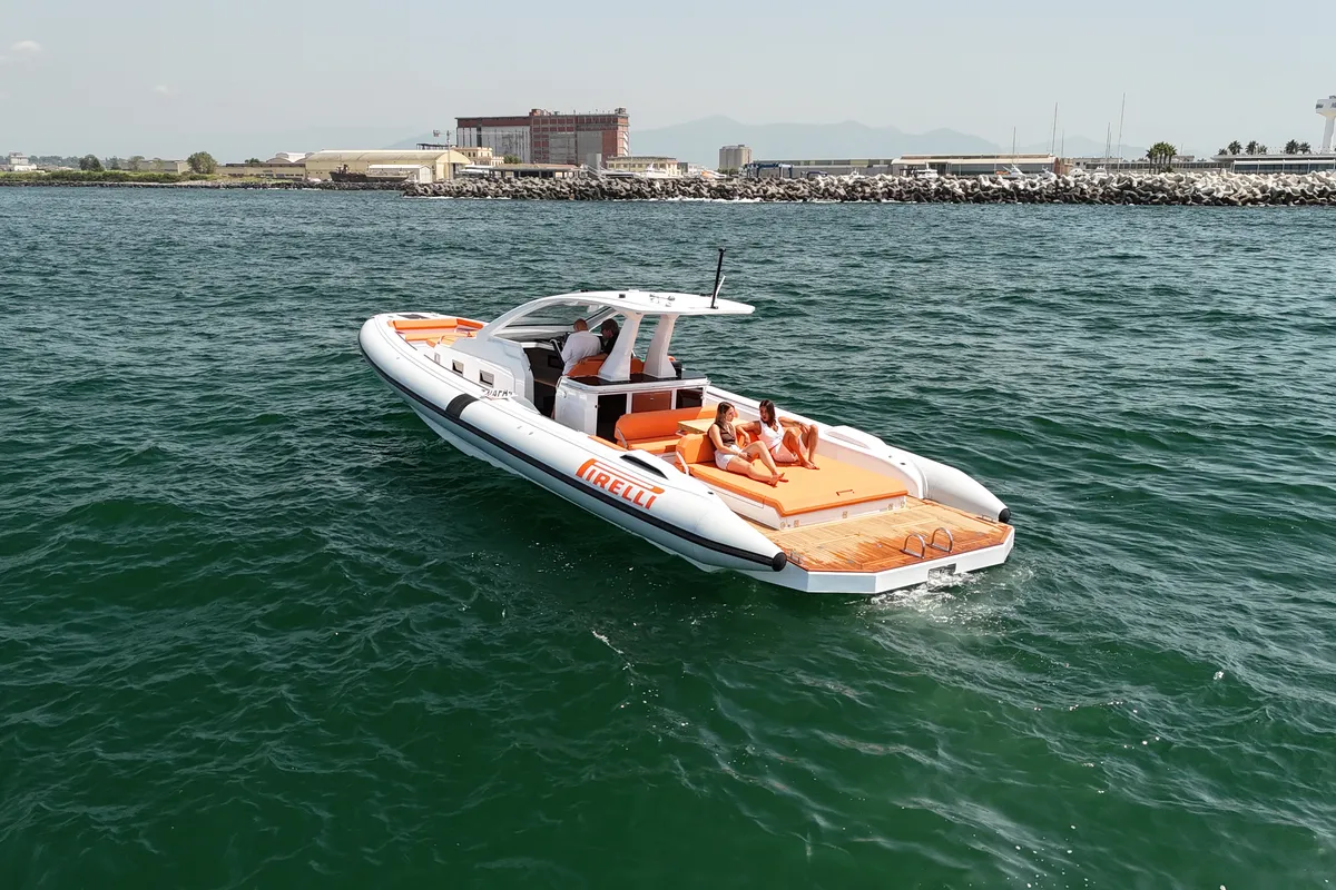Exterior view of Armare, a Pirelli 42 motorboat at Castellammare di Stabia, Italy