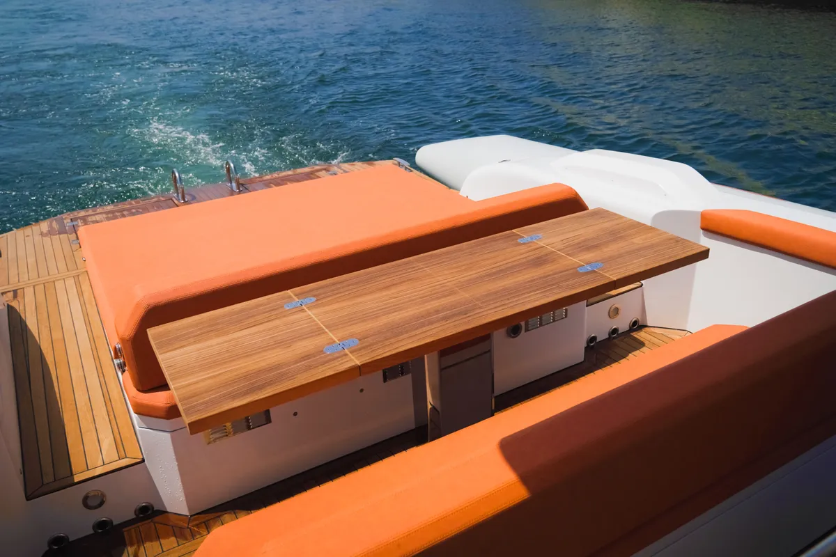 Deck of Armare, a Pirelli 42 motorboat at Castellammare di Stabia, Italy