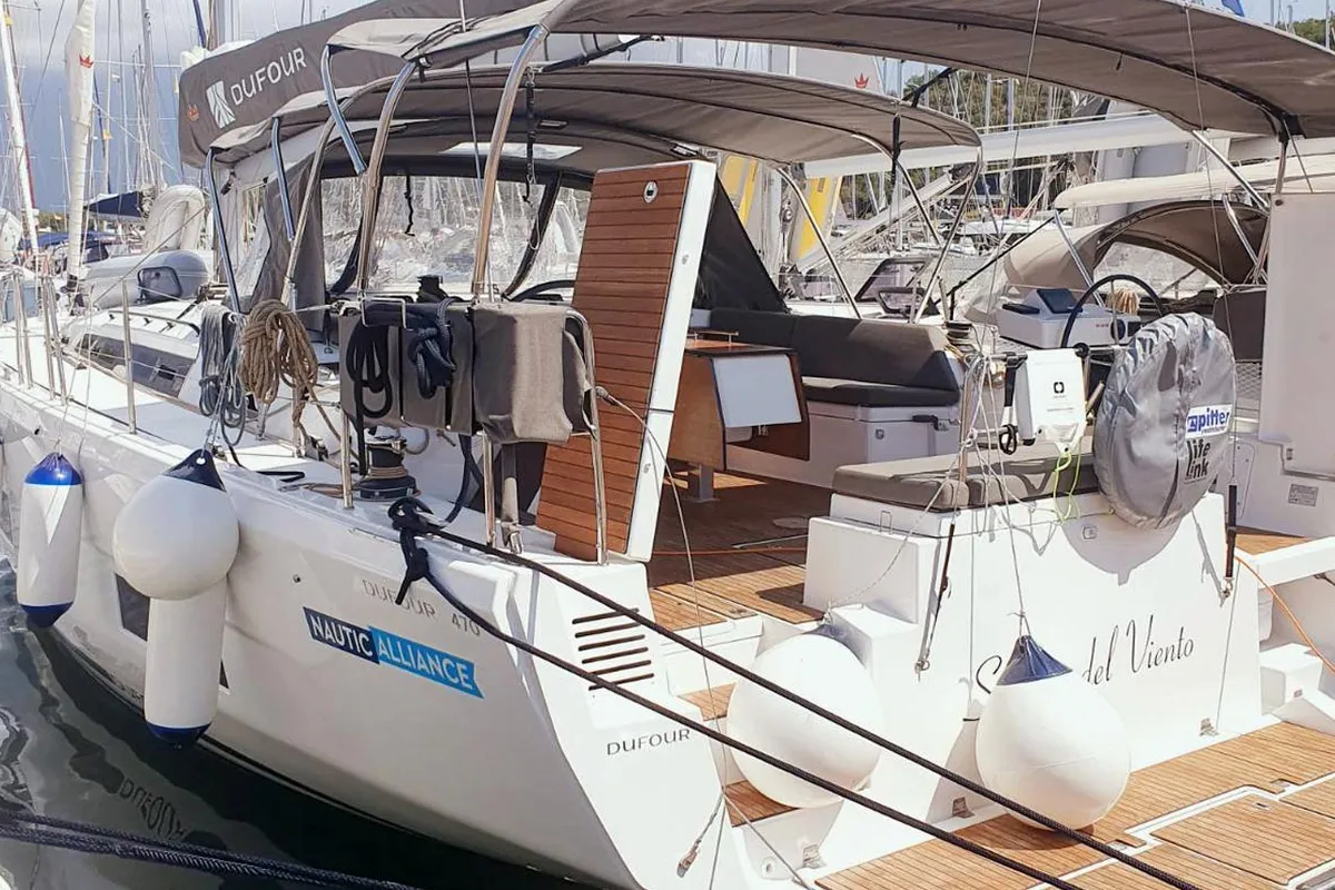 Deck of Sombra del Viento, a Dufour 470 sailboat at Grad Trogir, Croatia