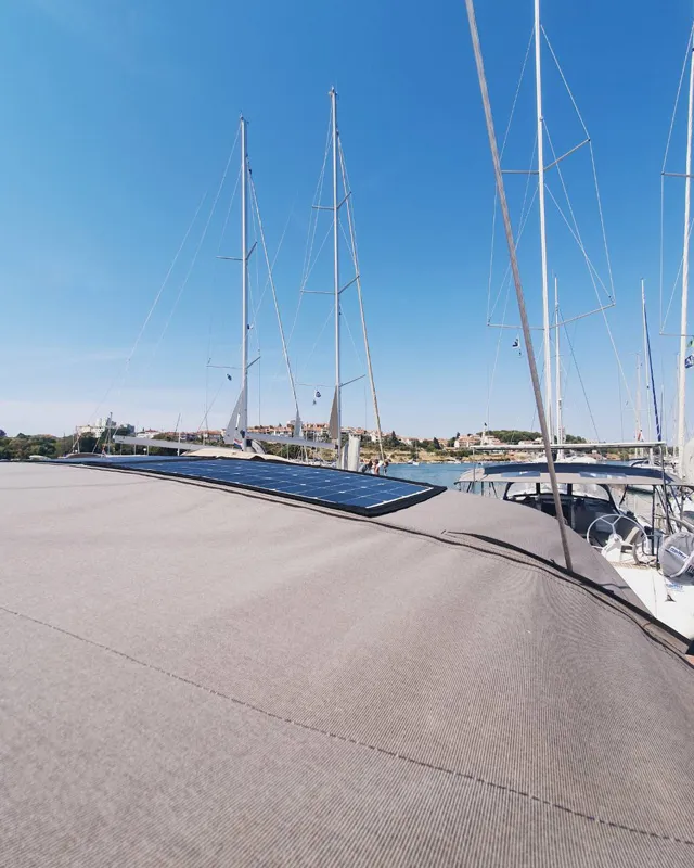 Deck of Sombra del Viento, a Dufour 470 sailboat at Grad Trogir, Croatia