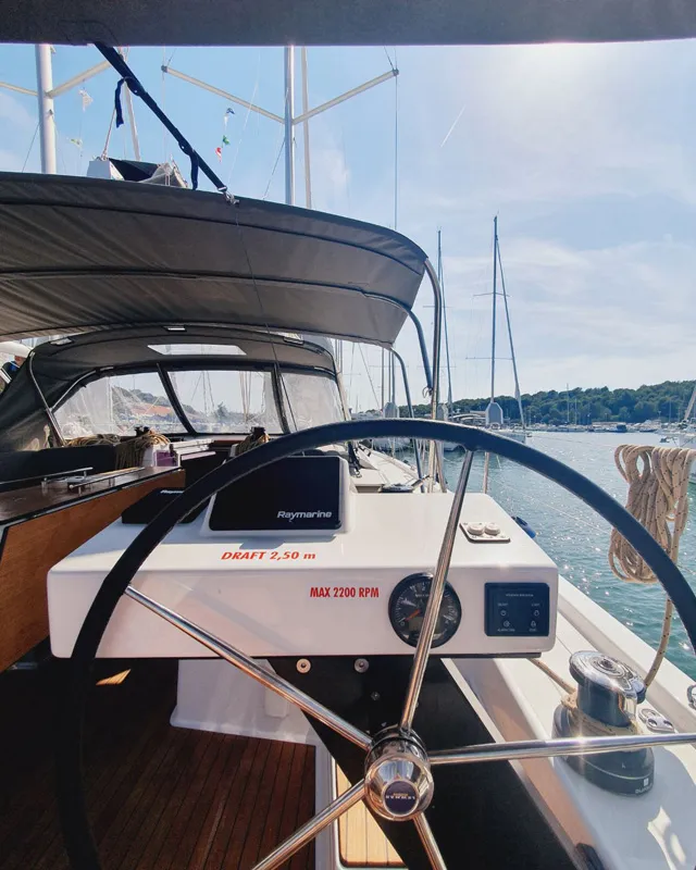 Cockpit of Sombra del Viento, a Dufour 470 sailboat at Grad Trogir, Croatia