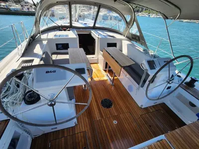 Cockpit of Wahlheimat, a Bavaria C45 Style sailboat at Primošten, Croatia