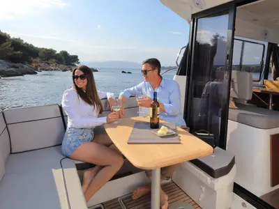 Deck of Hera II, a Jeanneau Merry Fisher 1095 motorboat at Bacoli, Italy