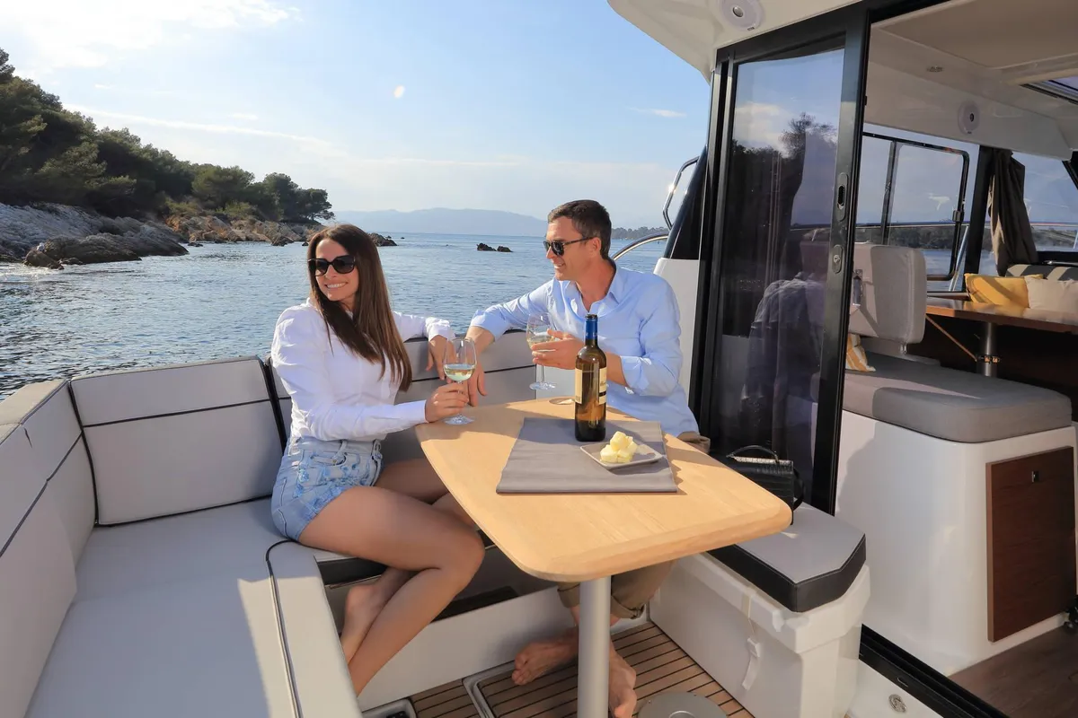 Deck of Hera II, a Jeanneau Merry Fisher 1095 motorboat at Bacoli, Italy
